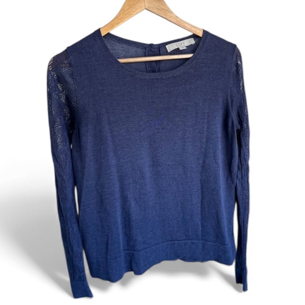 Loft Lightweight Blue Sweater with Lace Long Sleeves and Back Buttons - Size M